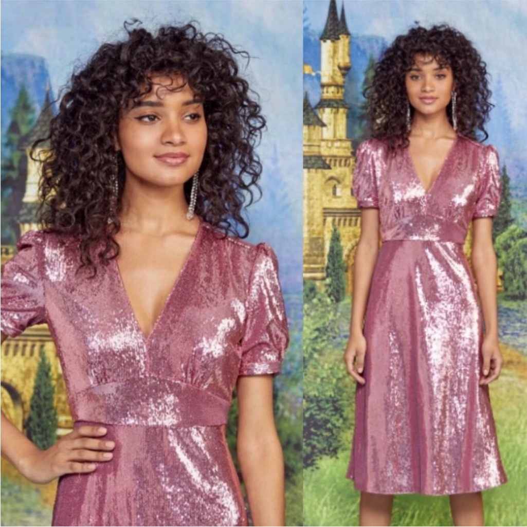 Hvn Paula Deep V Neck Sequin Puff Sleeve Midi Dress Pink — image 2 of 8